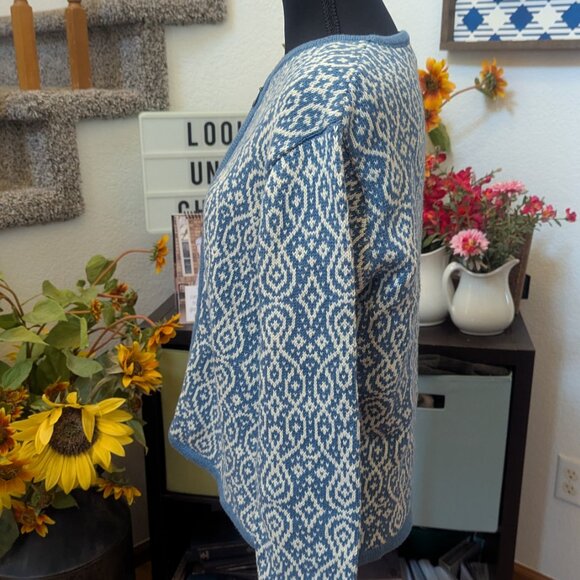 Nomadic Traders Blue & White Jacquard Knit Cardigan Sweater | Size Small - Picture 8 of 9